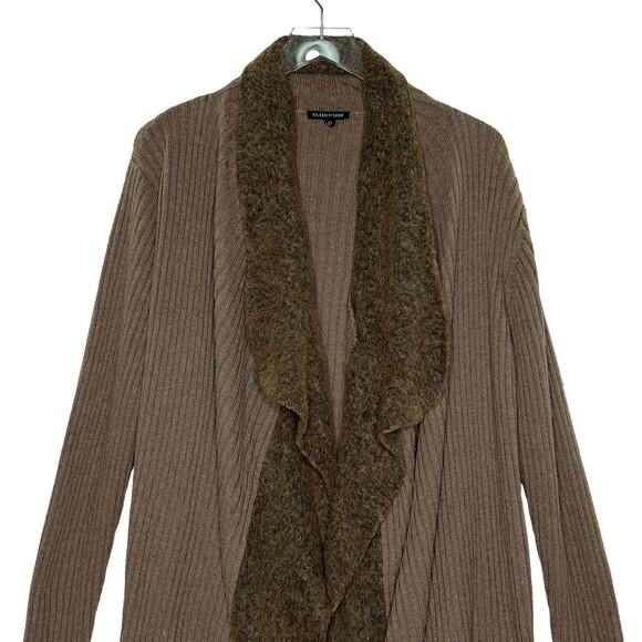 Eileen Fisher L Womens Brown Open Cardigan Sweater Wool Mohair Trim *flaw - Picture 4 of 10